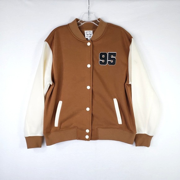 Hippie Rose Varsity Jacket Brown White 95 Patch Bomber Retro 90s Women's Size S - Picture 1 of 9